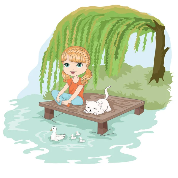 Векторная Иллюстрация Милой Маленькой Девочки Кошкой Сидящей Озере Летнем Парке — стоковый вектор