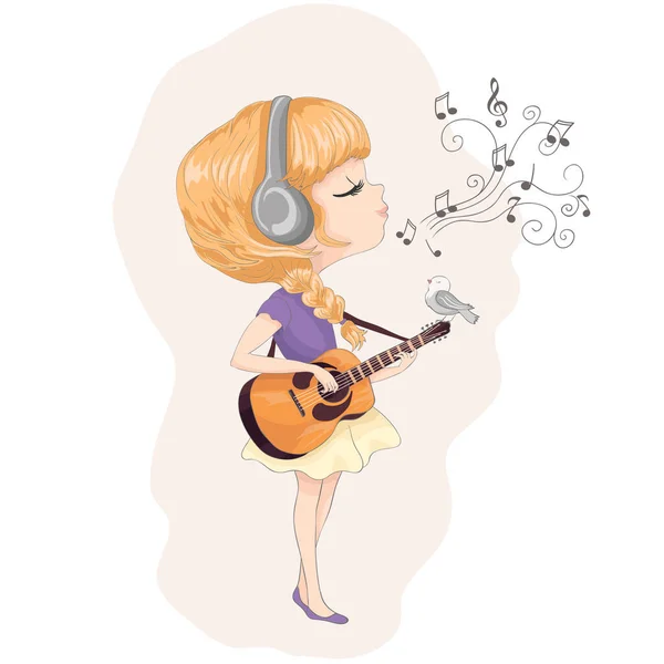 带耳机和吉他的女孩 矢量插图 — 图库矢量图片
