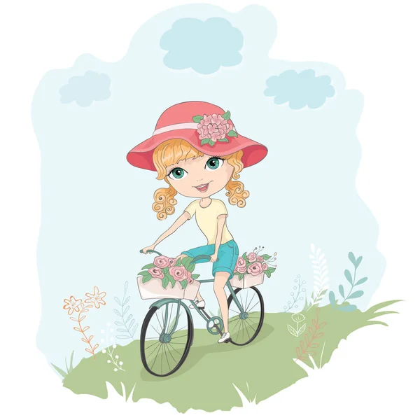 Милая Маленькая Девочка Катание Велосипеде Парке Векторная Иллюстрация — стоковый вектор