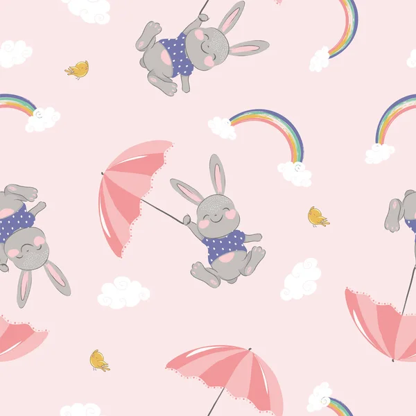 Söta Tecknade Kaniner Med Paraply Och Regnbåge Sömlöst Mönster Vektor — Stock vektor