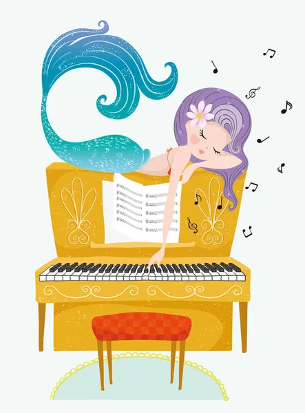 钢琴和美人鱼 矢量插图 — 图库矢量图片