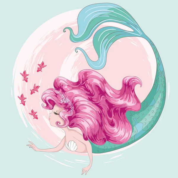 Ilustración Vectorial Una Sirena Con Pelo Rosa — Vector de stock