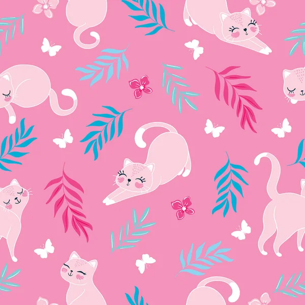 Schattig Naadloos Patroon Met Roze Katten — Stockvector