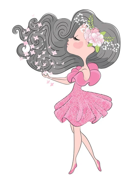Милая Маленькая Девочка Розовом Платье — стоковый вектор