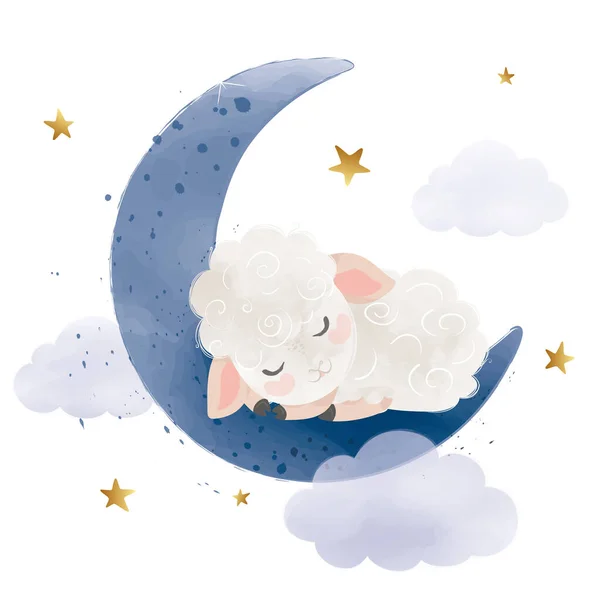 Schattig Schaap Slapen Maan Met Sterren Wolken Vector Illustratie — Stockvector