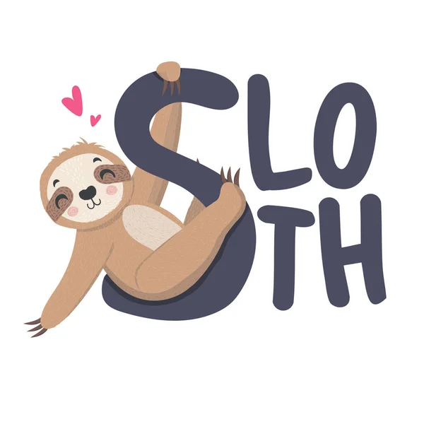 Niedliche Cartoon Faultier Mit Schriftzug Sloth Vektorillustration — Stockvektor