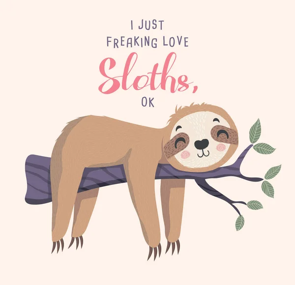 Schattig Klein Sloth Slapen Boom Tak Vector Illustratie — Stockvector