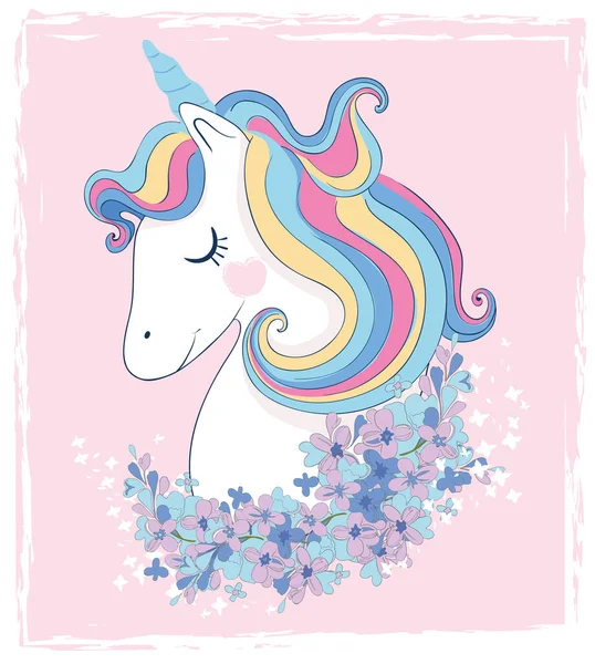 stock vector cute cartoon unicorn with flowers, vector illustration