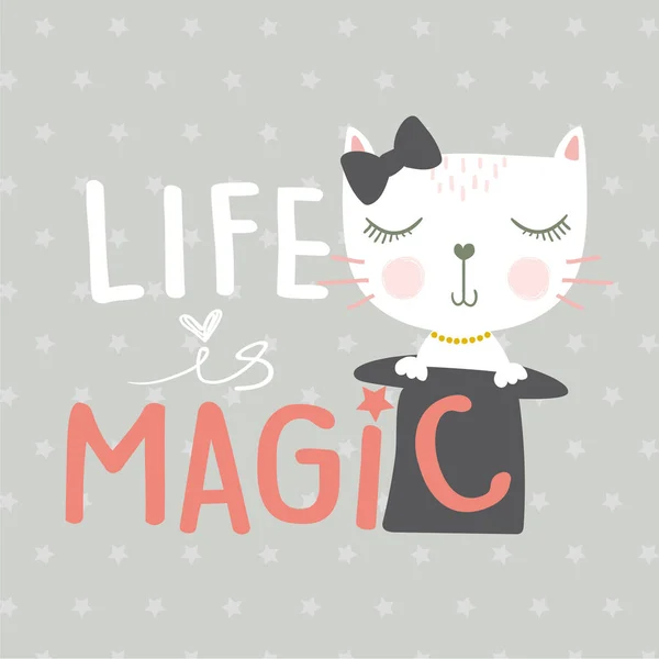 Lindo Gato Con Letras Vida Magia Ilustración Vectorial — Archivo Imágenes Vectoriales