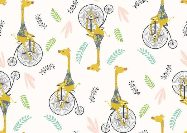 Patrón Sin Costuras Con Jirafas Montar Bicicletas Divertidas Vitnage Ilustración — Archivo Imágenes Vectoriales