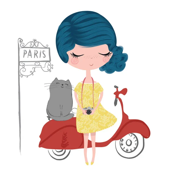 Ragazza Carina Con Gatto Scooter Viaggio Parigi Illustrazione Vettoriale — Vettoriale Stock