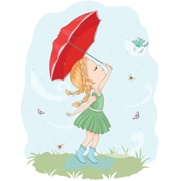 Cute Little Girl Umbrella Vector Illustration — Stock Vector