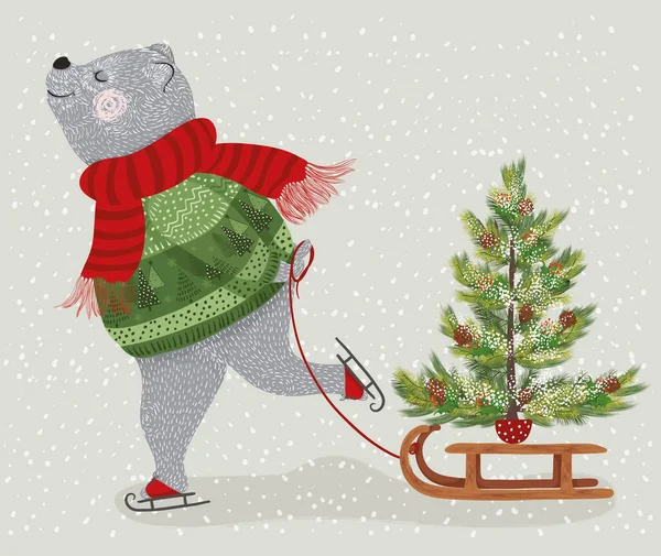 Bear Carrying Christmas Tree — Stock Vector