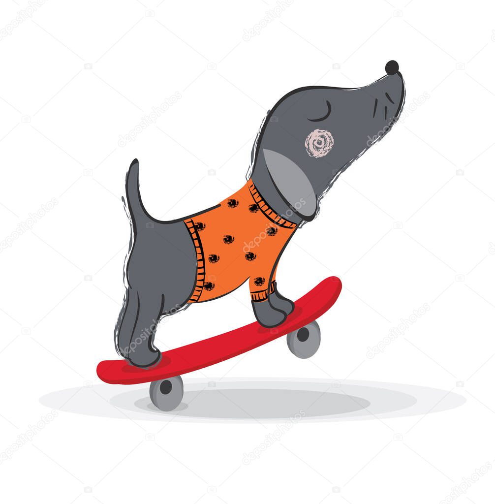 funny cartoon dog on skateboard, vector illustration