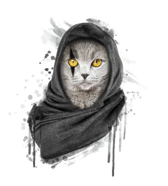 Suluboya kedi çizimi. Her türlü yüzey için özel baskı. Hayvan baskısı tişörtü grafiği..