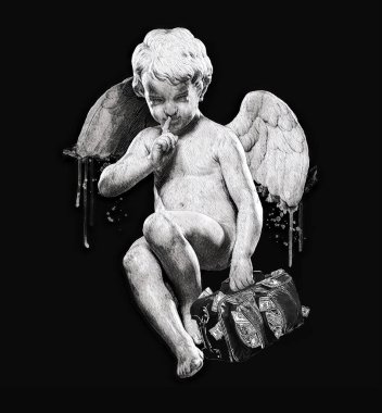 Kara Melek çizimi. Kafatası Dövmesi Tasarımı. Erkekler için tişört izi. Siyah beyaz tekstil grafikleri. Klasik poster sanatı.