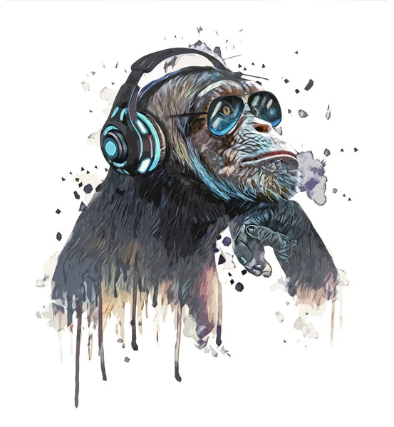 Goril Kulaklıkla Müzik Dinliyor — Stok fotoğraf