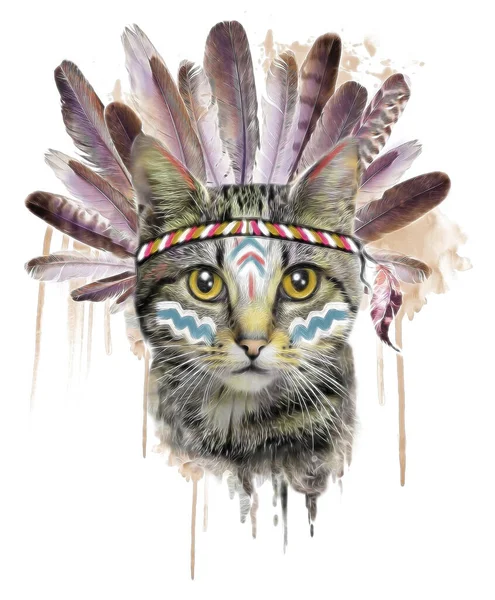 Ручной Рисунок Акварелью Иллюстрация Красивой Кошки Перьями Племенной Этнический Стиль — стоковое фото