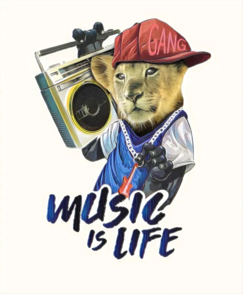 Lindo León Escuchando Reproductor Cassette Illustration Music Vida Slogan Watercolor —  Fotos de Stock