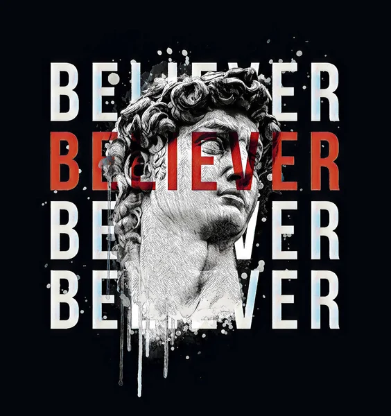 David Bust Illustration Believer 슬로건 티셔츠 그래픽 디자인 프린트 슬로건 — 스톡 사진