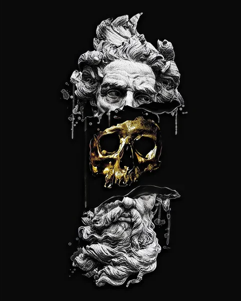 Golden Skull Illustration Broken Poseidon Statue Hidden Art Printing Shirt — Stock Photo, Image