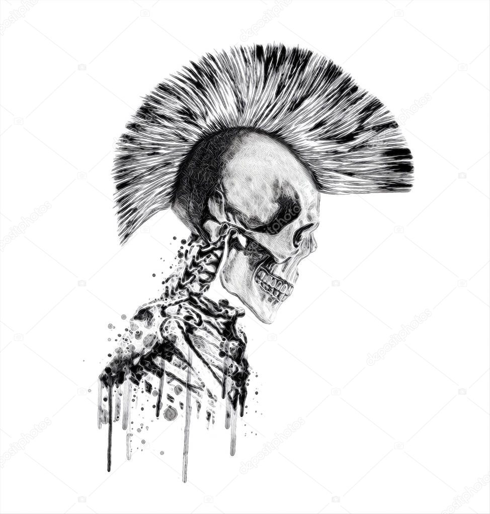 Hand drawn Punk Rock skull graphic for t shirt print and other uses.Watercolor human illustration.