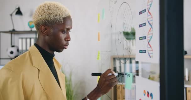 Fluxo de trabalho no conceito de escritório onde bom aspecto pensativo confiante hábil afro-americano masculino trabalhador de escritório escrevendo notas na parede de vidro — Vídeo de Stock