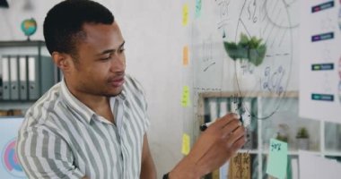 Yakışıklı, kendinden emin, modern ofiste cam duvarın yanında duran ve üzerine önemli notlar yazan Afro-Amerikan erkek işçi.