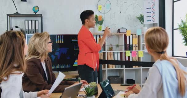 아이디어를 보여 주는 프로젝트 전략을 제시하는 미국 여성 비즈니스 트레이너 회사 사무실에서 코카서스 직원을 위한 유리보드에 재정 그래프 — 비디오