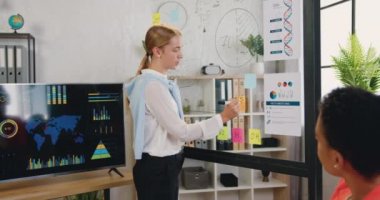 İş kadını lideri, cam panoda fikirleri sunuyor. Ofisteki seminerde çeşitli kadın meslektaşlarının sunumu sırasında belli başlı yazıtlarla etiketler kullanıyor.