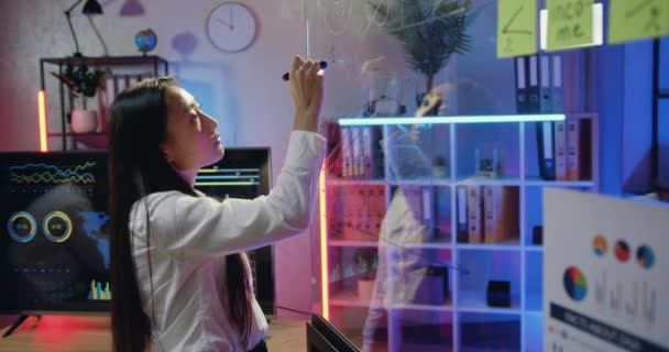 Vue latérale de belle femme asiatique habile réfléchie et réfléchie qui écrit des détails importants sur le mur de verre dans la salle de travail moderne du soir — Video