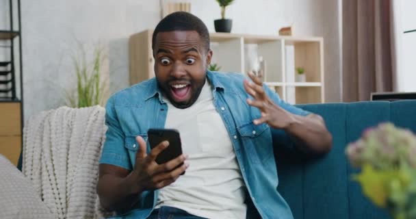 Emberi érzelmek koncepció, ahol vonzó boldog boldog fiatal szakállas afrikai srác élvezi a jó hír okostelefon képernyőn, amikor böngészi telefonos alkalmazások otthon — Stock videók