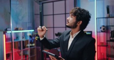 Kendine güveni yüksek, yetenekli, sakallı Müslüman ofis çalışanı akşam ofisinde cam panonun yanında duruyor ve beyin fırtınası stratejisi sırasında keçeli kalemle kayıt yapıyor.