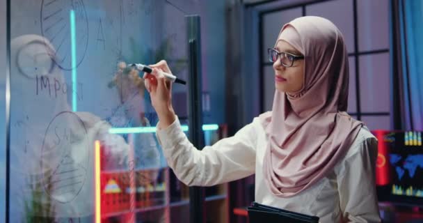 Belle concentré confiance qualifiée intelligente musulmane travailleuse de bureau dans le foulard traditionnel écriture notes sur le mur de verre pendant les heures supplémentaires travail dans le bureau du soir — Video