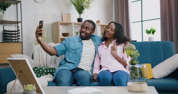 Familienkonzept, bei dem attraktive glücklich lächelnde liebende junge afrikanisch-amerikanische Paare zu Hause auf der Couch sitzen und ein lustiges Selfie auf dem Smartphone machen — Stockvideo
