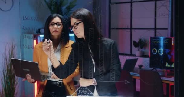 魅力的な工業の加速撮影は、夜のオフィスで一緒に働く暗い髪の2人の女性のオフィスの労働者を経験し、透明な壁にメモを書く — ストック動画