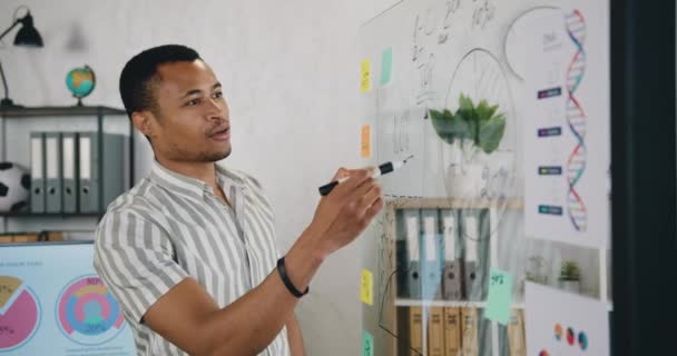 Ernsthaft fokussierte afrikanisch-amerikanische männliche Kollegen schreiben Formeln und Berechnungen während der Entwicklung eines Geschäftsprojekts im Büro, Brainstorming — Stockvideo