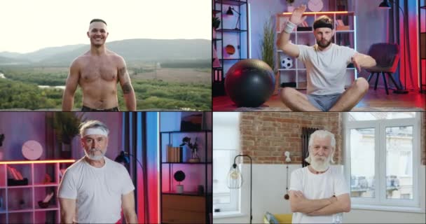 Rozdělený portrét pohledného usmívajícího se sportovně aktivního muže různého věku v tréninkovém oblečení, které pózuje na kameře s veselými tvářemi uvnitř i venku — Stock video