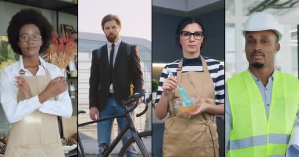 Osztott képernyő szerethető pozitív multikulturális emberek a különböző szakmák, amelyek pózolnak kamerával munka közben, karrier sokszínűség emberek koncepció — Stock videók