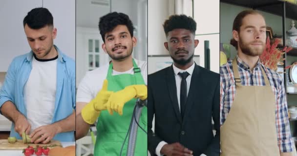 Koláž atraktivních usměvavých úspěšných multikulturních mužů různých povolání, kteří pózují na kameře se šťastnými tvářemi, pestrou kariérou — Stock video