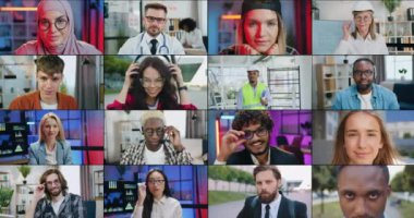 Çekici, pozitif, farklı mesleklerden, farklı etnik çeşitlilikteki genç ve yetişkin insanların mozaiği, kapalı alanda ve dışarıda kameralara poz veriyor.