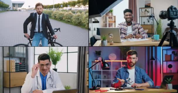 Multiscreen av attraktiva självsäkra positiva mångkulturella män med olika jobb och yrken poserar på kameran med uppriktigt leenden, mångfald av karriärmänniskor koncept — Stockvideo