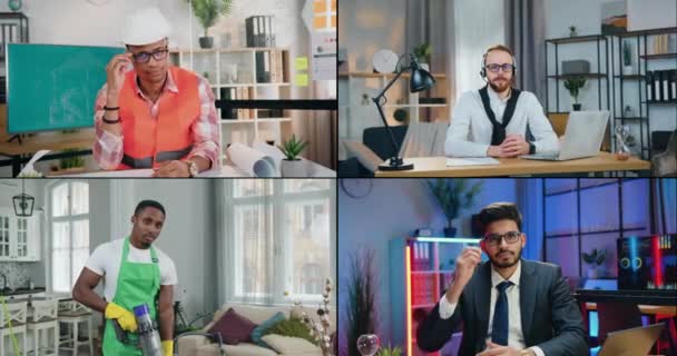 Multi képernyő jóképű mosolygós professzionális változatos férfiak, amelyek pózolnak a kamera munka közben beltéri, változatos karrier emberek koncepció — Stock videók