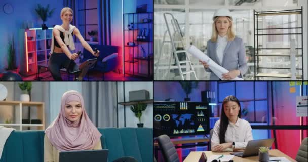 Colagem de várias profissões femininas como construtora bem sucedida, trabalhador de escritório remoto asiático, empresária árabe no hijab e ativa menina sporty fit com polegares para cima — Vídeo de Stock