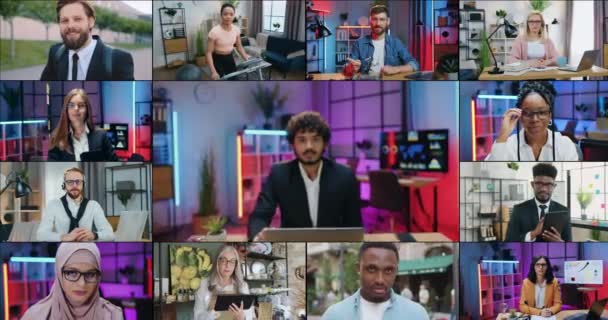 Разнообразие профессий народов, где привлекательные улыбающиеся успешные разнообразные мужчины и женщины позируют на камеру со счастливыми выражениями лица, замедленной съемкой — стоковое видео