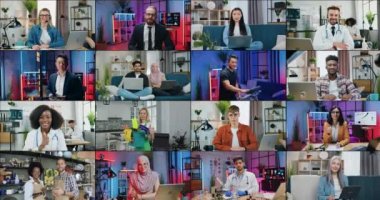 İş yerlerindeki, evlerdeki ve ofislerdeki faaliyetleri sırasında kameraya bakan farklı mesleklerden birçok kolaj yapan insanlar.