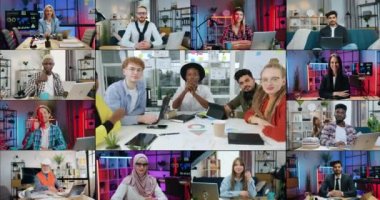 Gündüzleri ve akşamları ofislerde kameralara poz veren ve başparmaklarını kaldıran farklı mesleklerden kendine güveni yüksek, olumlu insanların çoklu ekran görüntüsü.