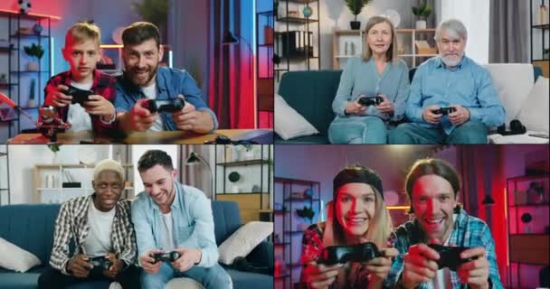 Koláž atraktivní hravé usmívající se různé věkové kategorie lidí, kteří se těší videohry doma ve dne a večer — Stock video