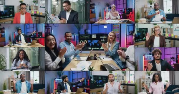Çekici gülümseyen başarılı çok kültürlü iş adamlarının video konferansı sırasında iş arkadaşları veya ev ve ofis ortaklarıyla kameranın önünde oturduğu farklı videoların montajı — Stok video