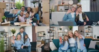 Memlekette mutlu, gülümseyen, etnik çeşitlilikte farklı ailelerin çoklu ekranı.